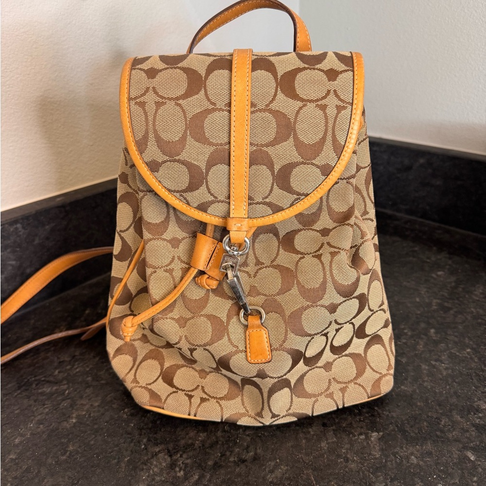 Coach Tan Signature Canvas Backpack with Gold-Tone Hardware